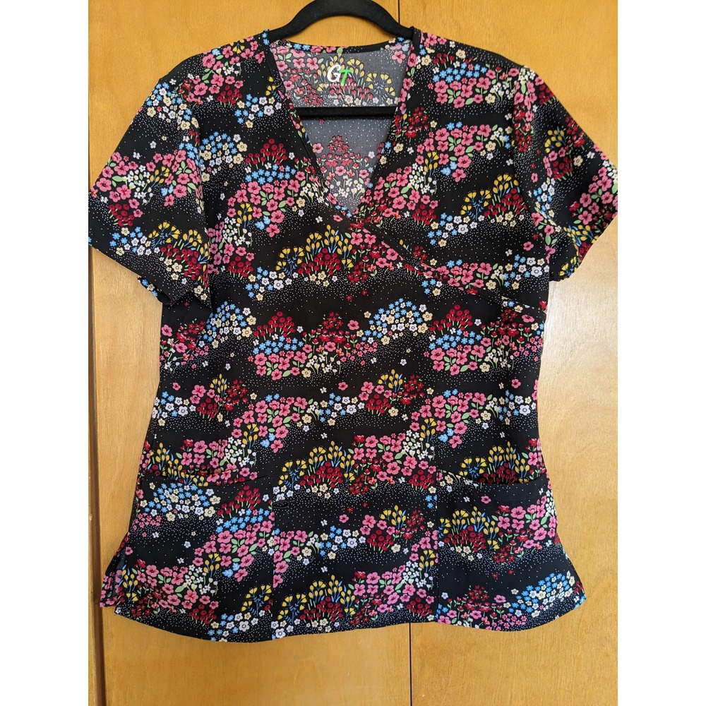 GT Performance Womens Floral Polka Dot Mock Wrap Scrub Top Black GT507ADF Large